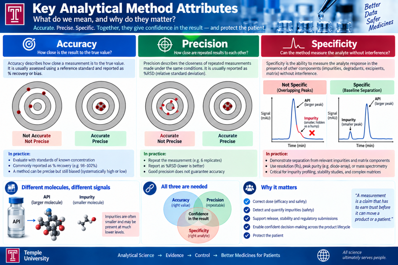 Temple University infographic titled 'Key Analytical Method Attributes — what do we mean, and why do they matter? Accurate, precise, specific — together they give confidence in the result, and protect the patient.' Three columns. Accuracy: how close is the result to the true value, assessed against a reference standard and reported as percent recovery or bias, shown with archery targets for not-accurate/not-precise versus accurate/precise, with practice notes — evaluate with standards of known concentration, report as percent recovery (e.g. 98 to 102 percent), a method can be precise but still biased. Precision: how close are repeated results to each other, reported as percent RSD, shown with targets for accurate/not-precise versus accurate/precise, with practice notes — repeat the measurement (e.g. six replicates), report as percent RSD (lower is better), good precision does not guarantee accuracy. Specificity: can the method measure the analyte without interference, shown as two chromatograms — not specific, with an impurity peak hidden as a hump under the larger API peak, versus specific, with baseline separation between the smaller impurity peak and the larger API peak — with practice notes: demonstrate separation from relevant impurities and matrix components, use resolution, peak purity by diode array, or mass spectrometry, critical for impurity profiling, stability studies and complex matrices. Below: a 'different molecules, different signals' panel contrasting a larger API molecule with a smaller impurity molecule, noting impurities are often smaller and present at much lower levels; an 'all three are needed' Venn diagram of accuracy (right value), precision (repeatable) and specificity (right analyte) overlapping into confidence in the result; a 'why it matters' checklist — correct dose (efficacy and safety), detect and quantify impurities (safety), support release, stability and regulatory submissions, enable confident decision-making across the product lifecycle, protect the patient — alongside the quote 'A measurement is a claim that has to earn trust before it can move a product or a patient.' Footer: Analytical Science → Evidence → Control → Better Medicines for Patients.
