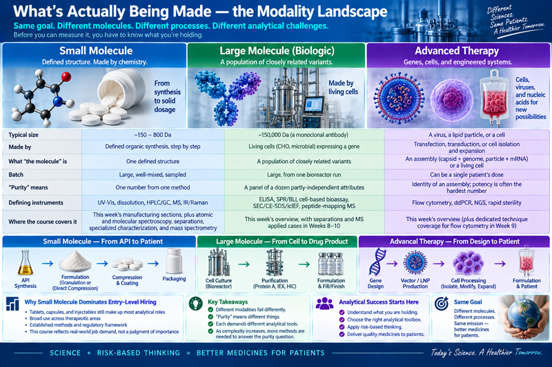 Infographic comparing small molecule, large molecule (biologic), and advanced therapy modalities across typical size, how each is made, what 'the molecule' is, batch, purity, defining instruments, and manufacturing workflow