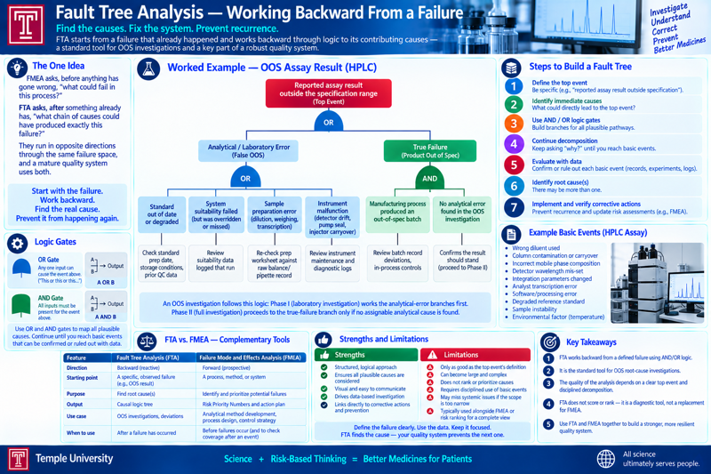 A banner titled 'Fault Tree Analysis — Working Backward From a Failure' with the tagline 'Find the causes. Fix the system. Prevent recurrence.' and the note that FTA starts from a failure that already happened and works backward through logic to its contributing causes — a standard tool for OOS investigations and a key part of a robust quality system. Panels: (1) The One Idea — FMEA asks, before anything has gone wrong, 'what could fail in this process?'; FTA asks, after something already has, 'what chain of causes could have produced exactly this failure?'; they run in opposite directions through the same failure space, and a mature quality system uses both, captioned 'Start with the failure. Work backward. Find the real cause. Prevent it from happening again.'; (2) Worked Example — OOS Assay Result (HPLC), a fault tree with the top event 'Reported assay result outside the specification range,' branching through an OR gate into Analytical/Laboratory Error (False OOS) and True Failure (Product Out of Spec); the error branch further ORs into standard out of date or degraded, system suitability failed but overridden or missed, sample preparation error, and instrument malfunction, each with a way to check it; the true-failure branch ANDs a manufacturing process producing an out-of-spec batch with no analytical error found in the investigation; captioned that an OOS investigation follows this logic — Phase I (laboratory investigation) works the analytical-error branches first, Phase II (full investigation) proceeds to the true-failure branch only if no assignable analytical cause is found; (3) Steps to Build a Fault Tree — a seven-step numbered list: define the top event (be specific), identify immediate causes, use AND/OR logic gates to build branches for all plausible pathways, continue decomposition by asking 'why' until reaching basic events, evaluate with data to confirm or rule out each basic event, identify root cause(s) (there may be more than one), implement and verify corrective actions; (4) Logic Gates — an OR gate (any one input can cause the event above, 'this or this') and an AND gate (all inputs must be present for the event above), with the note to use OR and AND gates to map all plausible causes, continuing until reaching basic events that can be confirmed or ruled out with data; (5) Example Basic Events (HPLC Assay) — a bulleted list: wrong diluent used, column contamination or carryover, incorrect mobile phase composition, detector wavelength mis-set, integration parameters changed, analyst transcription error, software/processing error, degraded reference standard, sample instability, environmental factor (temperature); (6) FTA vs. FMEA — Complementary Tools, a comparison table across direction (backward/reactive vs. forward/prospective), starting point (a specific observed failure vs. a process/method/system), purpose (find root causes vs. identify and prioritize potential failures), output (causal logic tree vs. Risk Priority Numbers and an action plan), use case (OOS investigations and deviations vs. analytical method development, process design, control strategy), and when to use (after a failure has occurred vs. before failures occur, and to check coverage after an event); (7) Strengths and Limitations — strengths (structured logical approach, ensures all plausible causes are considered, visual and easy to communicate, drives data-based investigation, links directly to corrective actions and prevention) and limitations (only as good as the top event's definition, can become large and complex, does not rank or prioritize causes, requires disciplined use of basic events, may miss systemic issues if the scope is too narrow, typically used alongside FMEA or risk ranking for a complete view), captioned 'Define the failure clearly. Use the data. Keep it focused. FTA finds the cause — your quality system prevents the next one.'; (8) Key Takeaways — FTA works backward from a defined failure using AND/OR logic; it is the standard tool for OOS root-cause investigations; the quality of the analysis depends on a clear top event and disciplined decomposition; FTA does not score or rank — it is a diagnostic tool, not a replacement for FMEA; use FTA and FMEA together to build a stronger, more resilient quality system. Footer: 'Science + Risk-Based Thinking = Better Medicines for Patients,' Temple University branding, and the tagline 'All science ultimately serves people.'