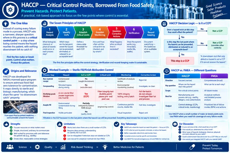 A banner titled 'HACCP — Critical Control Points, Borrowed From Food Safety' with the tagline 'Prevent Hazards. Protect Patients.' and the note that this is a practical, risk-based approach to focus on the few points where control is essential. Panels: (1) The One Idea — instead of scoring every failure mode in a process, HACCP asks a narrower, sharper question: where in this process is a critical control point, a step where losing control means the hazard reaches the patient with nothing downstream left to catch it, captioned 'Find the few make-or-break points. Control what matters. Protect the patient.'; (2) The Seven Principles of HACCP — a seven-step chevron: hazard analysis (what biological, chemical, or physical hazards could occur at each step), identify CCPs (which steps are the last point where the hazard can be prevented, eliminated, or reduced to an acceptable level), establish critical limits (define a measurable threshold for each CCP), establish monitoring (how and how often the critical limit will be checked, and by whom), establish corrective actions (what happens when a critical limit is exceeded), verification (show the system works — trend data, media fills, audits), record keeping (document everything, the backbone of an auditable system) — captioned that the first five principles define the control strategy, and verification and record-keeping make it sustainable; (3) HACCP Decision Logic — Is It a CCP?, a flowchart: does a hazard exist at this step that could affect the patient (No → not a CCP); is this step the last point where the hazard can be prevented, eliminated, or reduced to an acceptable level (No → not a CCP, consider other controls; Yes → this step is a CCP), with the quote 'A downstream test that only detects a hazard is not a CCP if it cannot remove the hazard'; (4) Origins and Relevance — HACCP was developed for NASA's manned space program to ensure astronaut food had zero tolerance for contamination, and maps directly to sterile and biologic manufacturing, which share that same 'no downstream catch' property, captioned 'From space food to patient medicines — same principle: prevent the hazard'; (5) Worked Example — Sterile Fill/Finish Bioburden Control, a five-row table (raw material receipt, compounding, sterilizing-grade filtration, aseptic fill, final inspection) each with hazard, whether it's a CCP, critical limit, monitoring, and corrective action — sterilizing-grade filtration is the only 'Yes (CCP)' row (a non-sterile filter passing organisms into the final fill, critical limit is a filter integrity/bubble-point test pre- and post-use, 100% integrity testing every batch, corrective action is fail the batch, do not release, investigate filter lot and process), captioned that filtration is the CCP because it is the last point where the hazard can still be prevented — everything downstream has no way to remove it; (6) HACCP vs. FMEA — Different Questions, a comparison table across direction (focused/narrow vs. comprehensive/broad), key question (where can the hazard reach the patient vs. what can fail at each step), scope (few critical control points vs. all failure modes), best for (manufacturing and process risk, e.g. sterility, cross-contamination vs. analytical methods and detailed process analysis), output (control strategy — CCPs, critical limits, monitoring vs. prioritized list of failure modes (RPN) and actions), captioned 'Use HACCP when a small number of make-or-break points exist. Use FMEA when you need full coverage of every failure mode.'; (7) Strengths and Limitations — strengths (focuses resources on what matters most, simple/structured/easy to communicate, well-suited for processes with zero tolerance for patient risk e.g. sterility, drives clear measurable control strategies) and limitations (works best when there are a small number of CCPs, requires deep process understanding to identify the true CCP, can be misapplied if detection steps are labeled as CCPs, less natural for analytical-method risk than FMEA); (8) Key Takeaways — HACCP asks where the hazard can reach the patient, focus on CCPs; a CCP is the last point to prevent, eliminate, or reduce the hazard; define measurable critical limits and monitor them; corrective actions must be specific and immediate; use HACCP for manufacturing/process risk and FMEA for method risk. Footer: 'Science + Quality + Risk-Based Thinking = Better Medicines for Patients,' Temple University branding, and the tagline 'Prevent Today. Protect Tomorrow.'