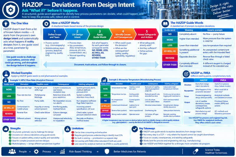 A banner titled 'HAZOP — Deviations From Design Intent' with the tagline 'Ask "What if?" before it happens.' and the note that this is a structured, guide-word approach to identify how process parameters can deviate, what could happen, and how to keep the process safe, robust, and in control. Panels: (1) The One Idea — HAZOP doesn't start from a list of known failure modes, it starts from the process's own design intent and systematically asks what happens if reality deviates from it, one guide word at a time, parameter by parameter, captioned 'Use guide words to challenge assumptions, uncover what could go wrong, and strengthen the design before it happens.'; (2) How a HAZOP Works — a five-step chevron: define scope and team (process section, e.g. chromatography; multidisciplinary team — process, analytical, engineering, quality, EHS), list design intent (process steps, key parameters like flow/temperature/pressure/pH/time/concentration, normal operating ranges), apply guide words (ask what happens for each parameter using NO, MORE, LESS, AS WELL AS, REVERSE, OTHER THAN), identify causes and consequences (what could cause the deviation, what are the consequences for safety/quality/operability/regulatory), assess safeguards and actions (what safeguards already exist, are they sufficient, define actions for gaps) — captioned to document, track actions, and follow through to closure; (3) The HAZOP Guide Words — a table of six guide words with meaning and a generic example: NO (completely absent, no flow — pump failure), MORE (higher than intended, more pressure than the system is rated for), LESS (lower than intended, less temperature than required), AS WELL AS (something additional is present, an unexpected contaminant enters the intended feed), REVERSE (opposite direction, reverse flow through a failed check valve), OTHER THAN (completely different than intended, a different reagent is charged instead of the intended one); (4) Worked Examples — two side-by-side tables applying guide words: Example 1, HPLC Flow Rate (Analytical Process) — MORE (flow rate too high, pump set point drifts high, column overpressure/seal failure/resolution loss, system pressure alarm), LESS (flow rate too low, partial pump blockage, retention times shift/poor resolution, system suitability retention-time check), NO (no flow, pump stalls, no separation occurs/run aborts, run-sequence software flags failed injection), AS WELL AS (contaminant in mobile phase, impurity or wrong solvent present, interfering peaks/method failure, incoming solvent specification/UV scan), REVERSE (reverse flow, check valve failure, column damage/carryover, check valve and system pressure direction check), OTHER THAN (different solvent, wrong solvent selected, unexpected selectivity/no separation, barcode verification/method review); Example 2, Bioreactor Temperature (Manufacturing Process) — MORE (temperature too high, heating control fails open, reduced cell viability/altered glycosylation — a CQA hit, independent high-temperature interlock), LESS (temperature too low, cooling jacket over-corrects, reduced growth rate/extended run time, continuous temperature logging with trend alarms), NO (no temperature control, control system failure, loss of culture control/batch failure, alarm and automated shutdown), AS WELL AS (contaminant introduced, leaking line or open port, microbial contamination, closed system design/sterility assurance), REVERSE (reverse flow of coolant, valve mispositioned, overheating risk, valve position interlocks), OTHER THAN (wrong medium added, operator error, cell stress/off-spec product, barcode scanning/double-check procedure), with the note that a higher temperature may not cause an obvious failure but can silently change a critical quality attribute like glycosylation — exactly the kind of risk HAZOP is designed to uncover; (5) HAZOP vs. FMEA — Different Starting Points, Complementary Tools, a comparison table across direction (starts from design intent/deviations vs. starts from process steps/failure modes), key question (what happens if this parameter deviates vs. what could fail at each step), focus (process/engineering design and operability vs. analytical methods and detailed processes), output (list of credible deviations, causes, consequences, safeguards, actions vs. prioritized failure modes (RPN) and actions), best for (manufacturing and process design vs. QC methods and laboratory processes), captioned 'Use HAZOP for process and engineering risk. Use FMEA for analytical methods. They often inform each other.'; (6) Strengths and Limitations — strengths (structured/systematic way to challenge the design, uncovers non-obvious deviations using guide words, focuses on patient safety/product quality/operability, ideal for complex processes and new designs, multidisciplinary — brings different perspectives together) and limitations (can be time-consuming and exhaustive, requires good process understanding to identify true CCPs, no built-in scoring — prioritization is a separate step, can overlap with FMEA if both are used, less natural for analytical-method risk where FMEA is usually preferred); (7) Key Takeaways — HAZOP uses guide words to explore deviations from design intent; not every step is a CCP — only where the hazard cannot be caught downstream; focus on causes, consequences, and existing safeguards; works best for process and engineering risk (e.g., manufacturing); use HAZOP and FMEA together for a stronger, more complete risk program. Footer: 'People + Process + Risk-Based Thinking = Better Medicines for Patients,' Temple University branding, and the tagline 'Science Today. Healthier Tomorrows.'
