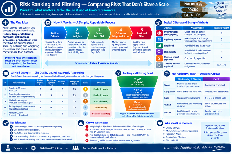 A banner titled 'Risk Ranking and Filtering — Comparing Risks That Don't Share a Scale' with the tagline 'Prioritize what matters. Make the best use of limited resources.' and the note that this is a structured, transparent way to compare different risks across products, processes, and sites — and build a defensible action plan. Panels: (1) The One Idea — FMEA scores risks within one process on one shared scale; risk ranking and filtering compares risks across processes, products, or sites that have no natural shared scale, by defining and weighting the criteria that make one risk matter more than another, captioned 'Different risks. One decision. Focus on what matters most for the patient, the business, and compliance.'; (2) How It Works — A Simple, Repeatable Process, a five-step chevron: define criteria (choose the criteria that matter across all risks, e.g. patient impact, regulatory exposure, likelihood, detectability), set weights (assign weights to reflect what matters most in this decision — patient impact typically highest), score each risk (rate each risk against every criterion using a consistent scale, e.g. 1–5), calculate weighted score (multiply scores by weights and sum to get a total weighted score), rank and filter (sort the risks, apply a cutoff e.g. top 3, and document decisions and rationale) — captioned 'From many risks to a focused action plan.'; (3) Typical Criteria and Example Weights — a table of six criteria with why it matters and an example weight: patient impact/safety/quality (direct effect on patient safety or product quality, weight 3), regulatory exposure (risk of inspection findings, warning letter, or enforcement, weight 2), likelihood (how likely the risk is to occur, weight 1), detectability (how likely it is to be detected before it impacts patients, weight 1), business impact — optional (cost, supply, reputation, weight 1), timeline pressure — optional (committed dates, customer obligations, weight 0.5–1); (4) Worked Example — Site Quality Council (Quarterly Resourcing): five risks competing for the same limited investigation and remediation budget this quarter, in a table with patient impact (×3), regulatory exposure (×2), likelihood (×1), weighted score, rank, and decision — stability OOS trend Product A (5,4,3 → 26, rank 1, fund this quarter), recurring documentation deviation/data-integrity adjacent (3,5,4 → 23, rank 2, fund this quarter), method-transfer gap Product B new receiving lab (3,3,4 → 19, rank 3, fund as tie-break), pending inspection commitment due date approaching (2,4,5 → 19, rank 4, deferred/tie), aging HPLC fleet increasing downtime (2,1,5 → 13, rank 5, defer/documented); (5) Ranking and Filtering Result — a funnel: Top 2 fund now (scores 26, 23), Next 2 tie at 19 (apply a secondary criterion, e.g. regulatory due date), Defer (score 13, document rationale and review next cycle), captioned 'The goal is a short, defensible action list — not a long table that sits on a shelf.'; (6) Risk Ranking vs. FMEA — Different Purposes, a comparison table across scope (multiple unrelated risks across products/processes/sites vs. one process or method), key question (which of these do we fix first vs. what could fail at each step), scale (weighted criteria, custom vs. S×O×D, a shared scale), output (prioritized list and resourcing decisions vs. list of failure modes and actions), best for (portfolio decisions, site priorities, limited resources vs. detailed method or process analysis); (7) Key Takeaways — define the right criteria and weight them transparently; use a consistent scoring scale; rank, filter, and document the decisions; use a secondary criterion to break ties (e.g. regulatory due date); this is a decision-making tool, not a measurement of absolute risk; (8) Known Weaknesses — weighting is subjective, different stakeholders often disagree; scores can create false precision — a 26 vs. 23 looks decisive but both rest on judgment calls; not a replacement for detailed analysis — use FMEA (or HAZOP) to understand each risk in depth; requires good input data and cross-functional agreement; (9) Who Should Be Involved? — Quality (QA/QC), Manufacturing/Technical Operations, Regulatory Affairs, Supply Chain/Business, Site Leadership, with the note that different perspectives lead to better decisions, and a stronger quality system delivers healthier patients. Footer: 'Science + Risk-Based Thinking = Better Medicines for Patients,' Temple University branding, and the tagline 'Assess risks. Prioritize wisely. Advance together.'