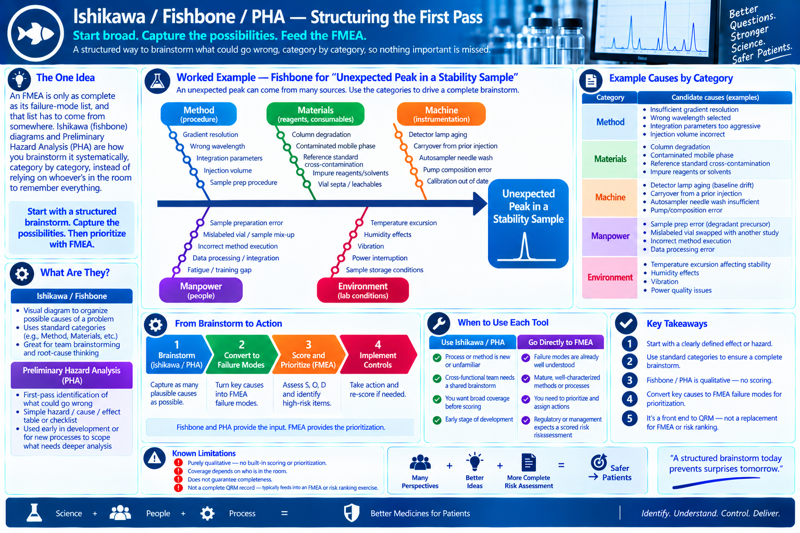 A banner titled 'Ishikawa / Fishbone / PHA — Structuring the First Pass' with the tagline 'Start broad. Capture the possibilities. Feed the FMEA.' and the note that this is a structured way to brainstorm what could go wrong, category by category, so nothing important is missed. Panels: (1) The One Idea — an FMEA is only as complete as its failure-mode list, and that list has to come from somewhere; Ishikawa (fishbone) diagrams and Preliminary Hazard Analysis (PHA) are how you brainstorm it systematically, category by category, instead of relying on whoever's in the room to remember everything, captioned 'Start with a structured brainstorm. Capture the possibilities. Then prioritize with FMEA.'; (2) Worked Example — Fishbone for 'Unexpected Peak in a Stability Sample,' a fishbone diagram with five category branches (Method/procedure: gradient resolution, wrong wavelength, integration parameters, injection volume, sample prep procedure; Materials/reagents/consumables: column degradation, contaminated mobile phase, reference standard cross-contamination, impure reagents/solvents, vial septa/leachables; Machine/instrumentation: detector lamp aging, carryover from prior injection, autosampler needle wash, pump composition error, calibration out of date; Manpower/people: sample preparation error, mislabeled vial/sample mix-up, incorrect method execution, data processing/integration, fatigue/training gap; Environment/lab conditions: temperature excursion, humidity effects, vibration, power interruption, sample storage conditions) all pointing to the effect 'Unexpected Peak in a Stability Sample'; (3) Example Causes by Category — a table repeating the five categories (Method, Materials, Machine, Manpower, Environment) each with a bulleted list of candidate causes matching the fishbone diagram; (4) What Are They? — Ishikawa/Fishbone (a visual diagram to organize possible causes of a problem, uses standard categories like Method/Materials/etc., great for team brainstorming and root-cause thinking) and Preliminary Hazard Analysis/PHA (first-pass identification of what could go wrong, a simple hazard/cause/effect table or checklist, used early in development or for new processes to scope what needs deeper analysis); (5) From Brainstorm to Action — a four-step chevron: brainstorm (Ishikawa/PHA — capture as many plausible causes as possible), convert to failure modes (turn key causes into FMEA failure modes), score and prioritize (FMEA — assess S, O, D and identify high-risk items), implement controls (take action and re-score if needed) — captioned 'Fishbone and PHA provide the input. FMEA provides the prioritization.'; (6) When to Use Each Tool — a two-column comparison: use Ishikawa/PHA when the process or method is new or unfamiliar, a cross-functional team needs a shared brainstorm, you want broad coverage before scoring, or it's an early stage of development; go directly to FMEA when failure modes are already well understood, methods or processes are mature and well-characterized, you need to prioritize and assign actions, or regulatory/management expects a scored risk assessment; (7) Known Limitations — purely qualitative, no built-in scoring or prioritization; coverage depends on who is in the room; does not guarantee completeness; not a complete QRM record — typically feeds into an FMEA or risk-ranking exercise; (8) Key Takeaways — start with a clearly defined effect or hazard; use standard categories to ensure a complete brainstorm; fishbone/PHA is qualitative — no scoring; convert key causes to FMEA failure modes for prioritization; it's a front end to QRM, not a replacement for FMEA or risk ranking, with the summary equation 'Many Perspectives + Better Ideas + More Complete Risk Assessment = Safer Patients' and the quote 'A structured brainstorm today prevents surprises tomorrow.' Footer: 'Science + People + Process = Better Medicines for Patients,' Temple University branding, and the tagline 'Identify. Understand. Control. Deliver.'