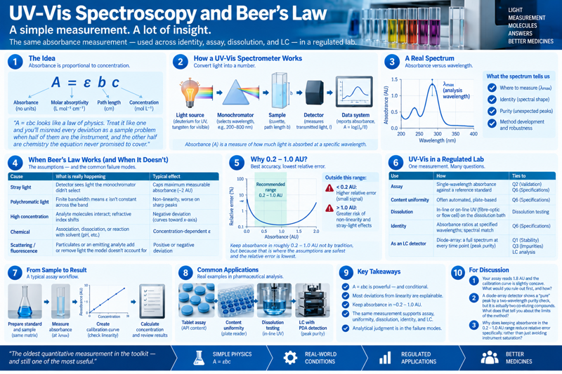 One-page overview of 'UV-Vis Spectroscopy and Beer's Law,' subtitled 'A simple measurement. A lot of insight.' with the tagline 'The same absorbance measurement — used across identity, assay, dissolution, and LC — in a regulated lab.' Panels cover: the idea (A = εbc, defining absorbance, molar absorptivity, path length, concentration); how a UV-Vis spectrometer works (light source, monochromator, sample, detector, data system); a real spectrum (λmax, identity, purity, method development); when Beer's law works and when it doesn't (stray light, polychromatic light, high concentration, chemical and scattering/fluorescence deviations); why the 0.2–1.0 AU range minimises relative error; UV-Vis uses in a regulated lab (assay, content uniformity, dissolution, identity, LC detection); a typical assay workflow; common applications (tablet assay, content uniformity, dissolution testing, LC with PDA detection); key takeaways; and discussion questions on a concave calibration curve, a false 'pure' LC peak, and why the 0.2–1.0 AU range specifically reduces relative error. A closing band reads 'The oldest quantitative measurement in the toolkit — and still one of the most useful.'